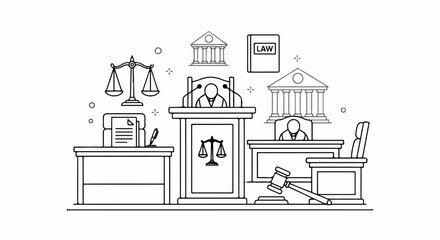 Fototapeta premium Lawyer's office interior with judge gavel scales of justice and legal documents on desk in courtroom setting with law books