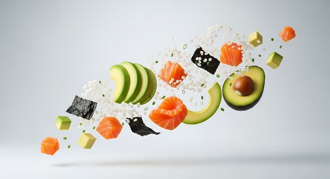 A vibrant and healthy mix of sushi ingredients, including avocado, salmon, and rice, suspended in mid-air.