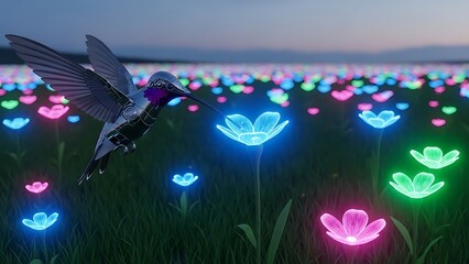 Fototapeta premium Hummingbird soaring above a field of glowing flowers at dusk
