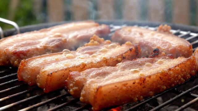 Close-up of grilled pork chops sizzling on a barbecue grill outdoors with smoky atmosphere.