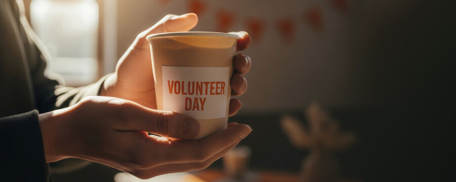 Woman celebrating International Volunteer Day with a coffee cup. Concept of selfless service and community suppor