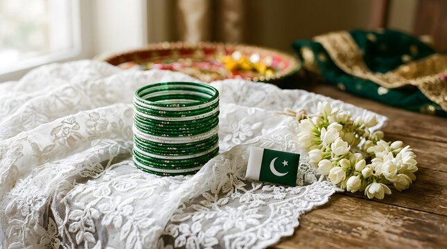 Traditional Green and White Glass Bangles for 14 August Celebration