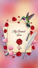 Fototapeta premium Hummingbird with letter and rose petals creative design romantic concept