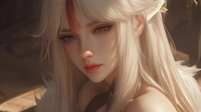 3D Animated Anime Woman with Long Silver Hair Pink Highlight Intense Stare Bare Shoulders Seductive Expression on Dark Brown Background for Fantasy Character Design Closeup Low Angle