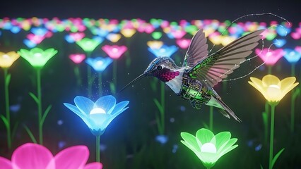 Fototapeta premium Hummingbird with mechanical components hovering over glowing floral field