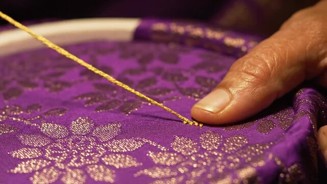 Close-up of hands meticulously embroidering intricate golden patterns on purple fabric.