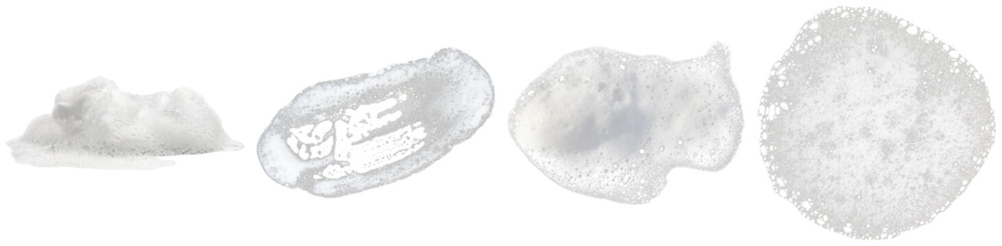 realistic close-up photograph of white, fluffy soap foam and suds in various shapes and textures on a transparent background.