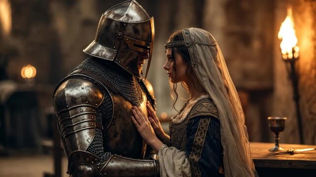 Knight and noblewoman standing closely in cinematic style on warm castle interior background, expressing romance and loyalty