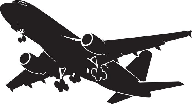 Black airplane vector silhouette, flying plane icon