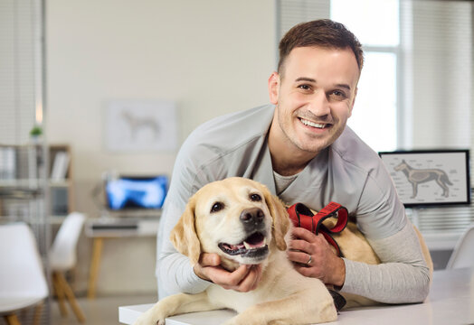 Veterinarian doctor with labrador dog during checkup. Friendly pro in scrubs comforts pet on exam table, showing attentive clinic service and preventive care. Clear concept of pet healthcare.