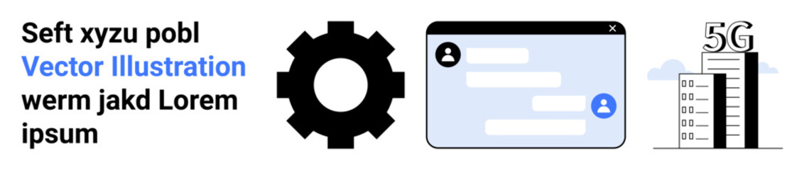 Fototapeta premium Technology, communication, innovation, connectivity, digital transformation, automation. Gear icon, messaging interface and 5G tower visual. Connectivity and communication