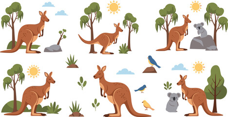 Australian wildlife kangaroo set with nature elements, trees and birds, cute outback animals collection vector illustration bundle © MdNazmul
