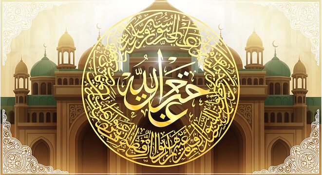 Elegante islamische Kalligrafie von &bdquo;Muhammad&ldquo; vor Moschee-Hintergrund