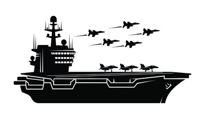 Silhouette of aircraft carrier with fighter jets and helicopters in flight © Lsg 21
