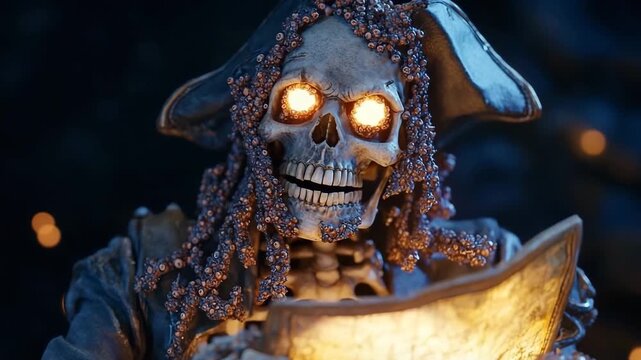 Skeletal pirate figure with glowing treasure map ready to uncover buried riches in a dark, mysterious cave