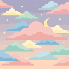 Fototapeta premium A dreamy sky with pastel clouds, stars, and a crescent moon