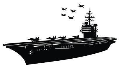 Silhouette of aircraft carrier with planes taking off military naval vessel silhouette © Lsg 21