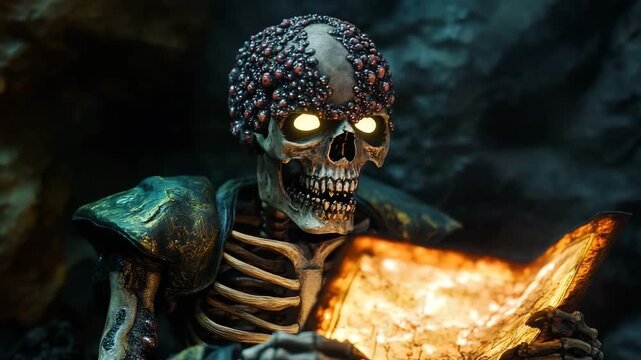 Skeletal pirate figure with glowing treasure map ready to uncover buried riches in a dark, mysterious cave