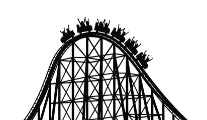 Silhouette of a roller coaster with riders cresting the top of a hill in a black silhouette