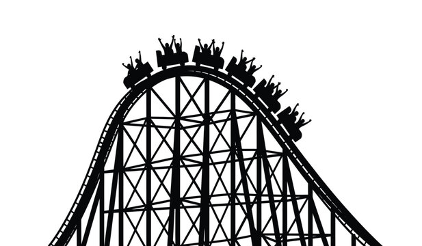 Silhouette of a roller coaster with riders cresting the top of a hill in a black silhouette