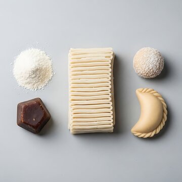 A minimalist arrangement of flour, palm sugar, layered dough, and traditional pitha cakes like puli and pithe on a clean white surface.