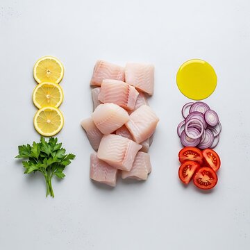 A minimalist arrangement of lemon, parsley, raw white fish chunks, olive oil, red onion, and sliced tomatoes on a clean white background.