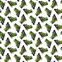 Fototapeta premium Flat seamless pattern with green roller skates equipment. Active lifestyle and sport background for textile, wrapping paper, wallpaper or rental service. seamless texture graphics on white.