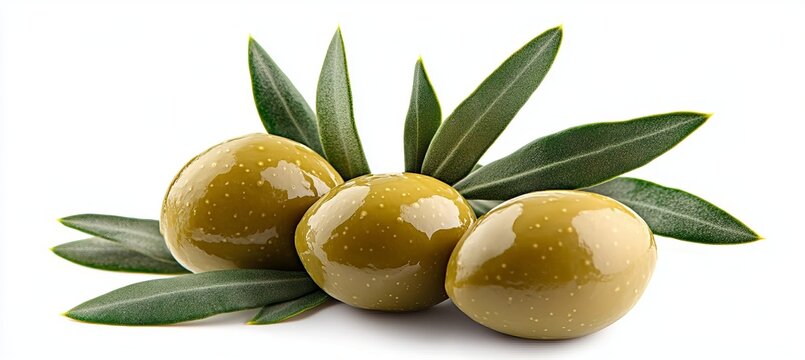 A Cluster of Fresh Luscious Olives Surrounded by Shiny Green Leaves on a Bright Clear Background