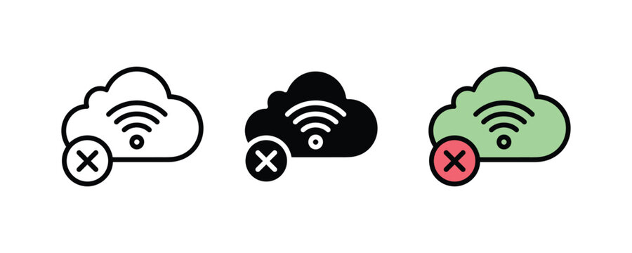 Cloud network disconnected icon set. No internet connection, server error, and offline computing symbols. Vector Illustration.