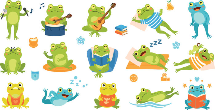 Cute frog characters set with funny activities, reading, singing and relaxing, cartoon amphibian mascots collection vector illustration bundle