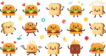 Fototapeta premium Cute kawaii burger and sandwich characters vector set with funny fast food mascots, fries and toast cartoon illustration collection