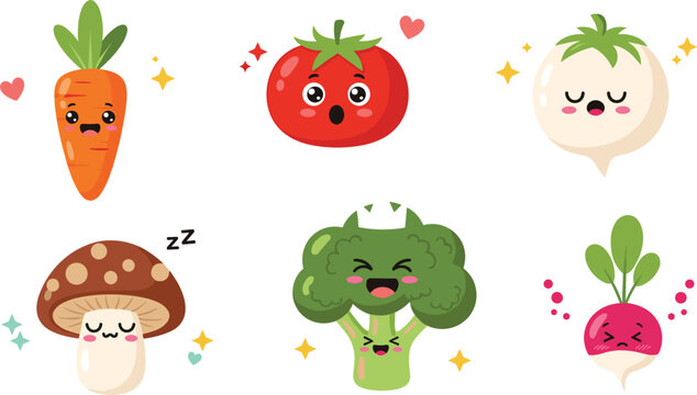 Cute kawaii vegetable characters vector set with carrot, tomato, broccoli, mushroom and radish smiling cartoon food illustration