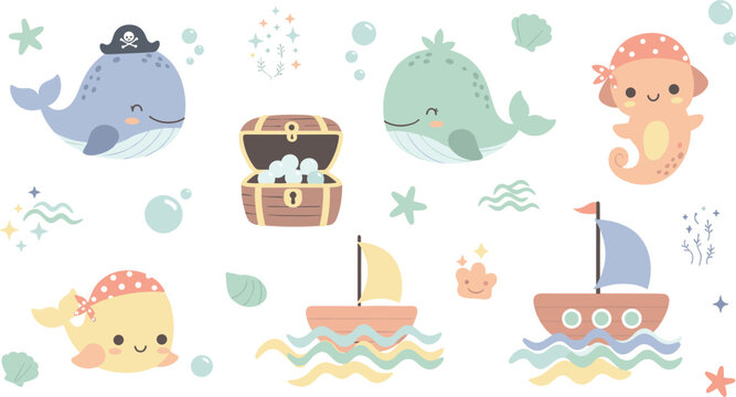 Cute ocean animals and pirate elements set with whales, treasure chest and boats, kids nautical cartoon vector illustration collection