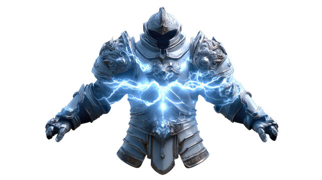 Armor of Valor: A detailed close-up shot of a suit of armor, intricately crafted with metallic plates and imposing design. Lightning crackles dramatically across its surface.
