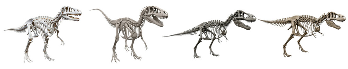 Four impressive dinosaur skeletons, dynamically posed and showcasing detailed bone structures. © FoodPNG