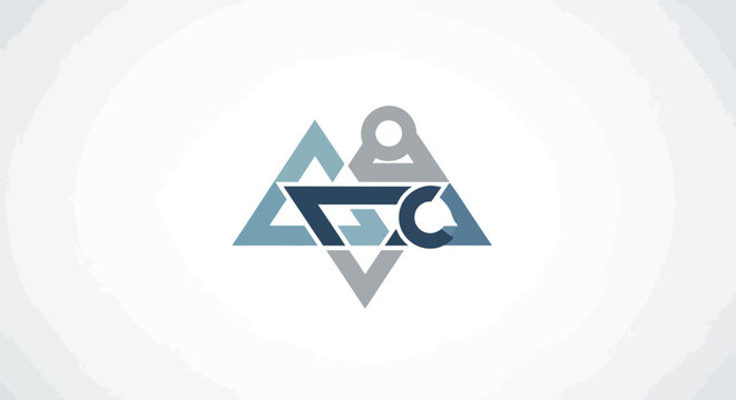 Abstract geometric logo concept featuring interlocking blue and gray triangles forming a star shape on a subtle gradient white background, modern design.