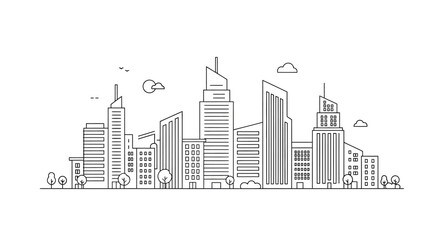 Fototapeta premium Modern city skyline illustration with outline buildings and urban architecture in a minimalist line art style on a white background