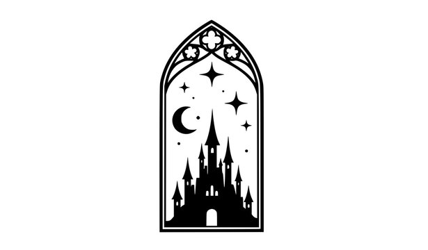 Minimal gothic arch castle silhouette with moon stars fantasy night scene clean vector design