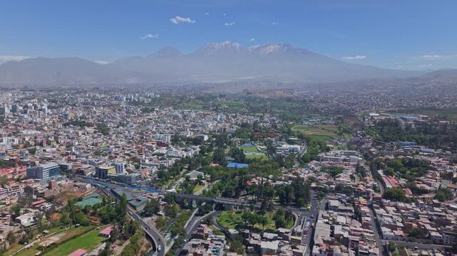 Aerial view of Arequipa city with Chachani volcano in the background