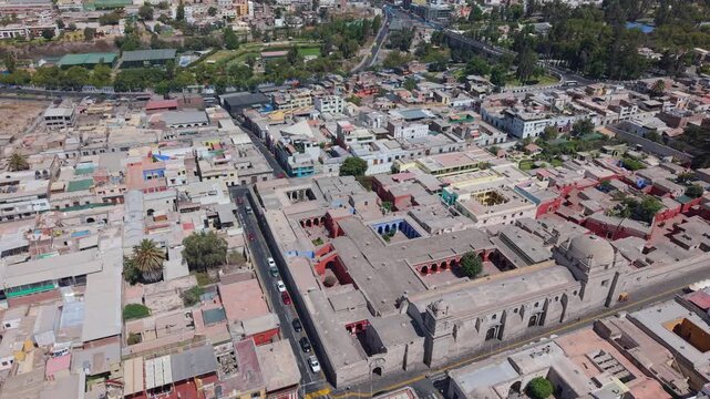 Aerial view of colorful Santa Catalina Monastery in vibrant Arequipa cityscape