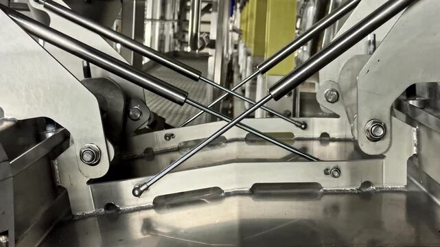 Close-up of crossed stainless steel gas struts dampers supporting hinged metal frame section in food processing conveyor system with precise welds and bolted connections