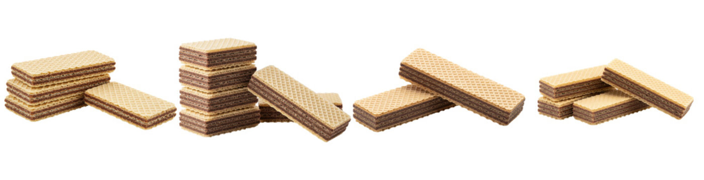 Delicious crispy chocolate wafer biscuits with creamy filling, presented in various stacks.