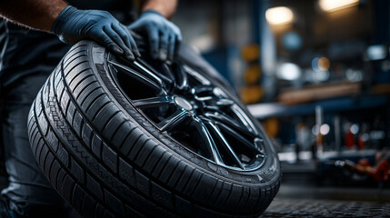 Mechanic changing car tire in auto service workshop closeup wheel replacement automotive maintenance repair concept