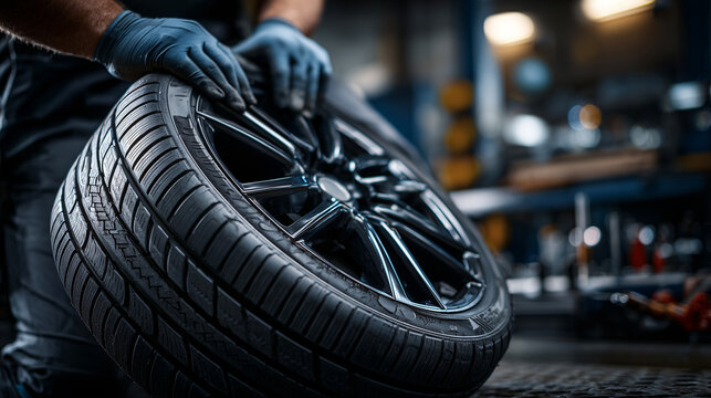 Mechanic changing car tire in auto service workshop closeup wheel replacement automotive maintenance repair concept