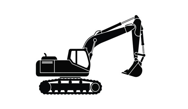 Silhouette of a black excavator machine with tracks and a long arm
