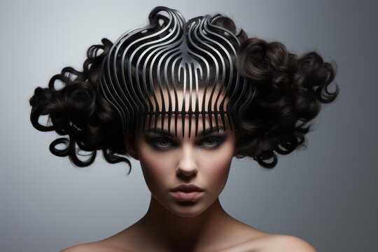 Studio portrait of a fashion model showcasing an intricate metal headpiece, complemented by voluminous, curly dark hair and dramatic makeup