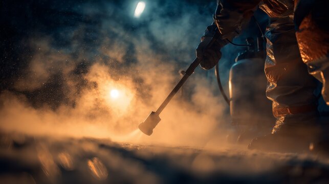 Professional in hazmat suit spraying disinfectant in industrial facility