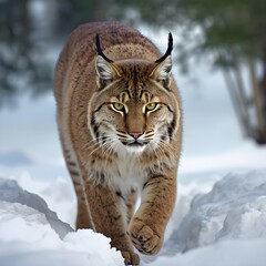 Obraz premium Beautiful Canada Lynx Walking Through Fresh Snow with Thick Spotted Fur Winter Wildlife Photography