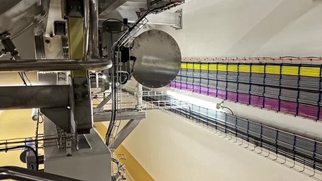 Panning shot inside modern food processing facility showing extensive multicolored cable trays piping stainless steel tanks hoppers and hygienic conveyor systems under bright lighting