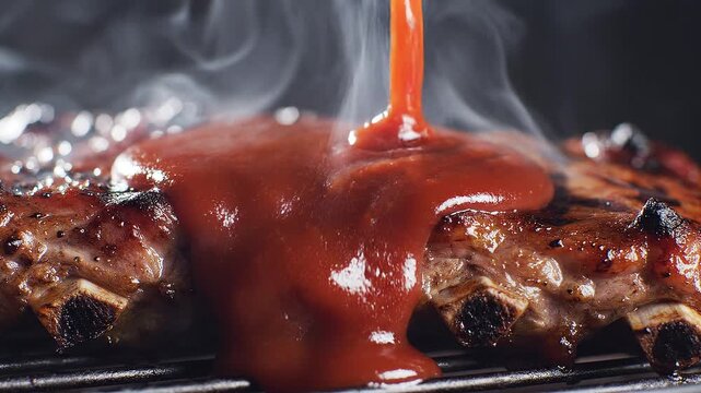 Close-up of ribs on a grill being smothered in red barbecue sauce with smoke rising.